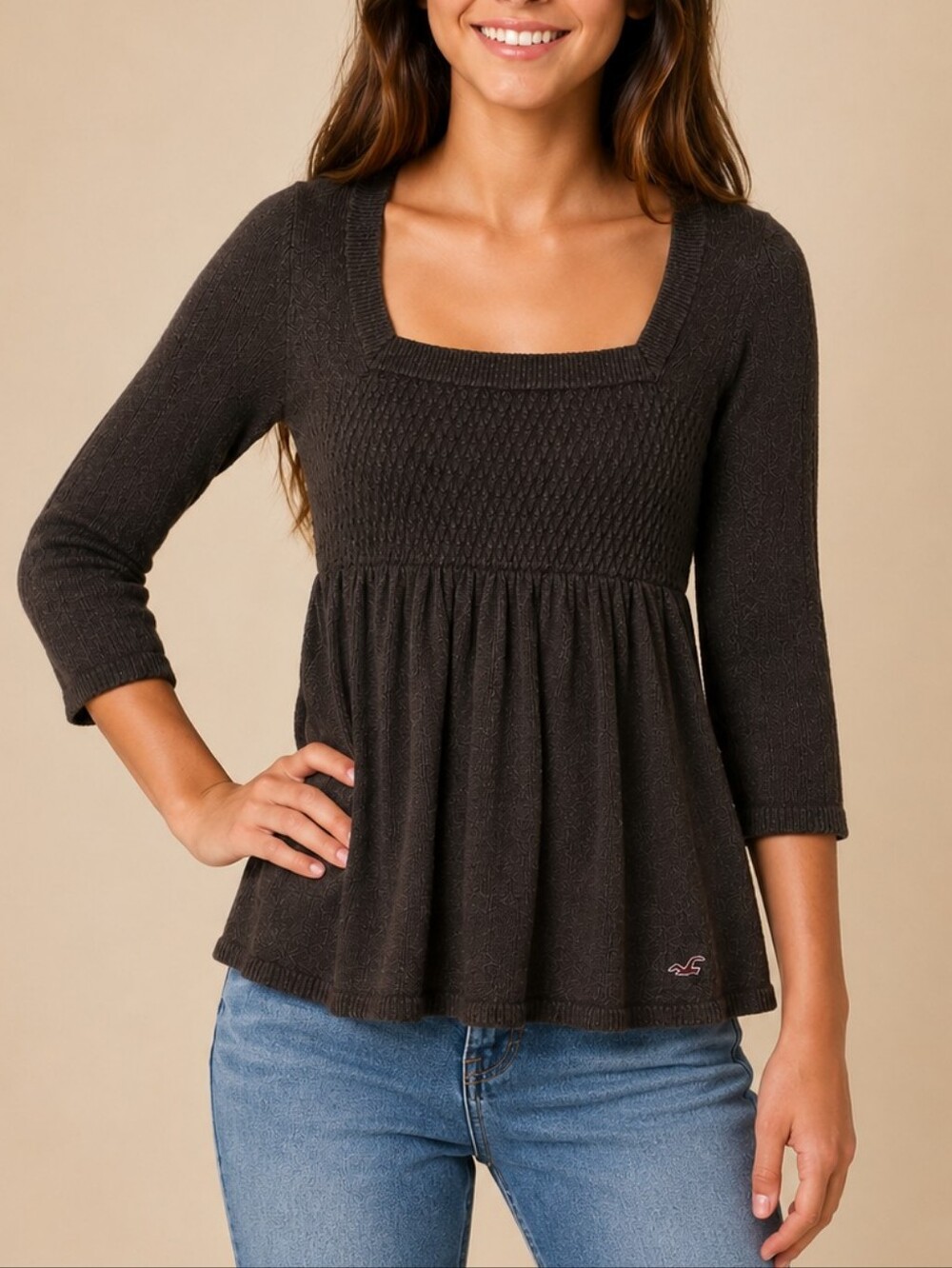Hollister Vintage Y2K Brown Square Neck Babydoll Knit Sweater Top Womens Small